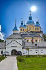 Fototapeta na wymiar View of a modern Christian church with a blue roof