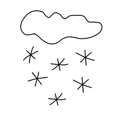 Vector black outline illustration of one snow cloud with snowflakes isolated on a white background