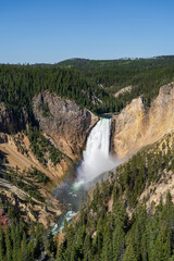 The Lower Falls waterfall on the Yellowstone River crashes down in the Grand Canyon of the Yellowstone in Yellowstone National Park in Wyoming