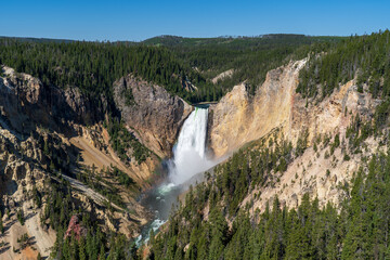 The Lower Falls waterfall on the Yellowstone River crashes down in the Grand Canyon of the Yellowstone in Yellowstone National Park in Wyoming