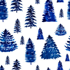 Fototapeta premium Seamless pattern with watercolor blue spruce trees on white background.