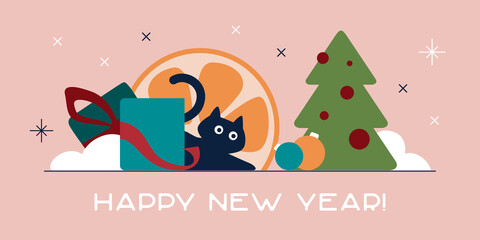 Christmas illustration cute black kitten falls out of a gift under the Christmas tree, happy New Year, Christmas ball, snow, tangerines and oranges.