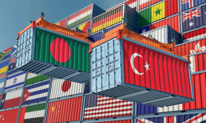 Freight containers with Bangladesh and Turkey national flags. 3D Rendering 