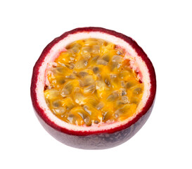 Passion fruit isolated on white background. Half of passionfruit or maracuya, exotic fruit. Clipping path.