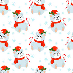 Seamless Christmas background with a polar bear in a red hat and a candy cane in its paw.