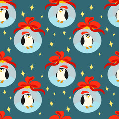 Seamless Christmas background with a little penguin in a glass Christmas ball