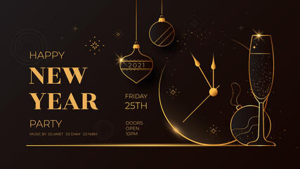 Happy New Year greeting card design with stylized golden clock, wineglass and decoration on dark background. Merry Christmas black and gold color illustration for poster, landing page.