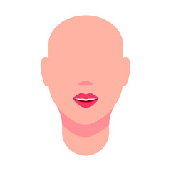 Mannequin, female head and neck. Plump red lips, mouth parted in a smile. No hair, no eyes. Vector illustration, flat minimal cartoon color design, isolated on white background, eps 10.