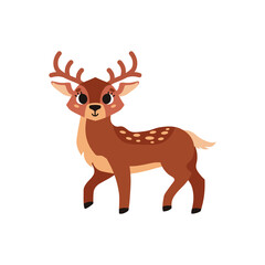 Cute brown spotted deer with horns. Forest wild animal. Vector cartoon illustration. Isolated on white background.