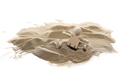 Pile desert sand dune and wooden man marionette, figure, doll isolated on white background, clipping path