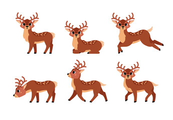 Deer collection. Cute brown spotted deer with horns. Forest wild animal set. Vector cartoon illustration. Isolated on white background.