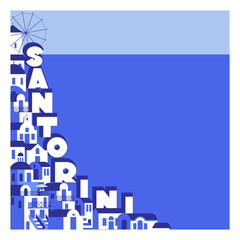 Santorini city name and panorama of island on the sea background. Vector illustration in flat style for touristic industry