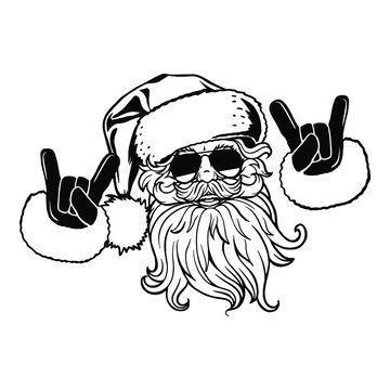 recommend clip art: Santa Claus svg. Black and white hand drawn vector illustration isolated. Cool santa claus in sunglasses. Santa shows his fingers cool