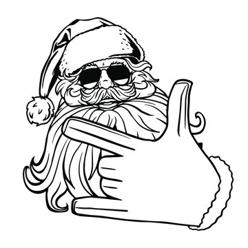 recommend clip art: Santa Claus svg. Black and white hand drawn vector illustration isolated. Cool santa claus in sunglasses. Santa shows his fingers cool