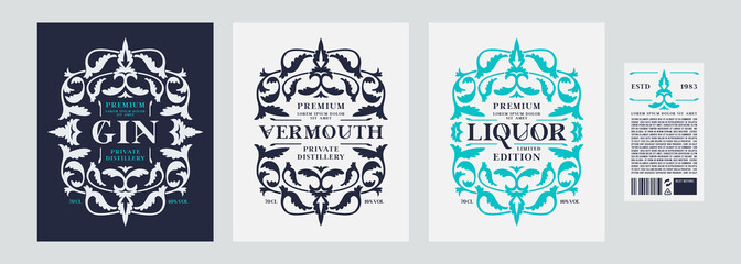 Set of template decorative label for gin, vermouth and liquor