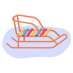 Bright children s metal sled on ice. Sledge for downhill skiing. Children s equipment for outdoor activities. Vector illustration isolated on a white background