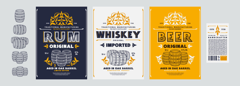 Set of template decorative label for rum, whiskey and beer