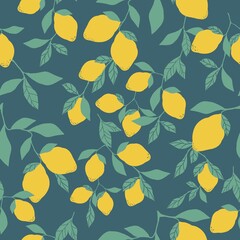 Fototapeta na wymiar Simple citrus pattern. ripe lemons and green leaves on a blue background. Vector texture. trendy print for textiles and wallpaper. 
