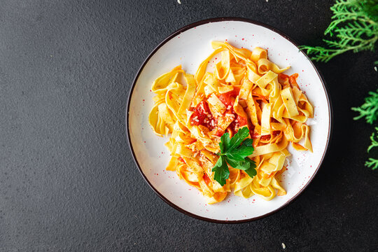 pasta tomato sauce Fettuccine vegetable tagliatelle meal linguini snack on the table copy space food background vegan or vegetarian food 