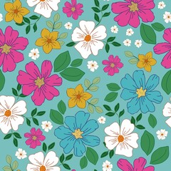 Seamless vintage pattern. wonderful pink, white, blue and yellow flowers on a light blue background. vector texture. bright fashionable print for textiles and wallpaper.