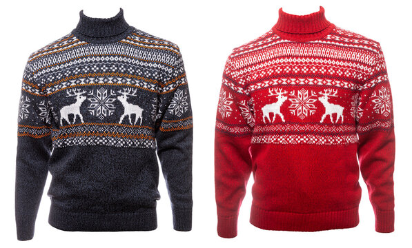 Blue And Red Knitted Christmas Turtleneck Sweater Of Traditional Design With Moose Or Elk Ornament (aka Ugly Sweater) Templates Isolated On A White Background