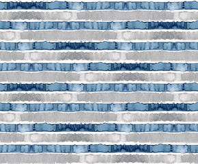 Fototapeta na wymiar Watercolor pattern of gray and indigo stripes background, striped seamless pattern in blue and grey colors on white