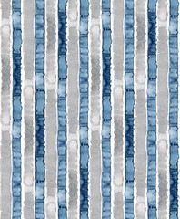 Watercolor pattern of gray and indigo stripes background, striped seamless pattern in blue and grey colors on white