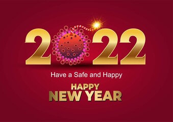 happy new year 2022 golden letter with blue background. covid-19, corona virus concept