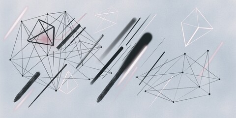 Fondo, banner abstracto moderno con distintos elementos gráficos en tonos grises, negros y rosas. Recurso gráfico con espacio para texto