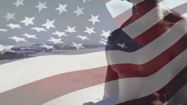 Animation of flag of united states of america over african american man on beach