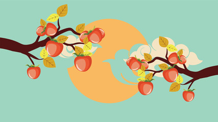Persimmon fruits on branch and moon