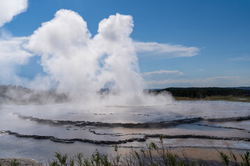 Fototapeta na wymiar Great Fountain Geyser erupting in Yellowstone National Park