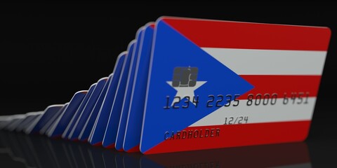 Fototapeta na wymiar Domino effect, fallen credit cards with flags of Puerto Rico. Fictional data on card mockups. Banking collapse conceptual 3d rendering
