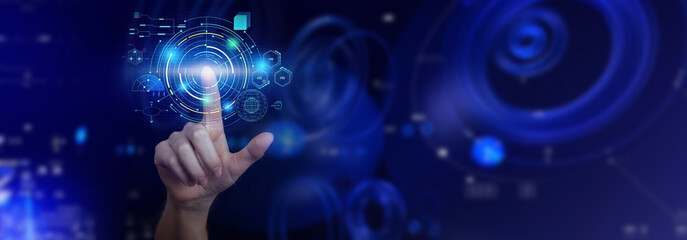 Hand touching the metaverse. Internet digital transformation, next generation of technology era, virtual reality, social media platform. Business background double exposure photo