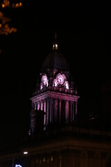 Clock tower at night, Leeds city centre, England, UK