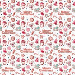 Christmas seamless pattern. Gingerbread cookies and snowflakes isolated on white. Cute cartoons. Raster