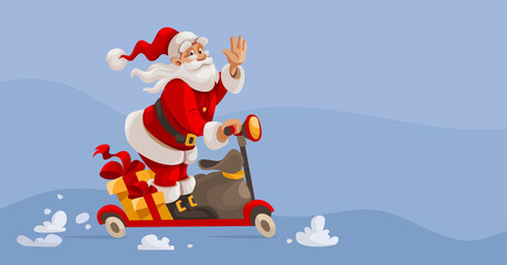 Santa Claus cartoon character rides scooter with gifts sack and waves by hand showing greetings and congratulations for Happy New Year and Xmas holiday. Vector christmas. Illustration. © LoopAll