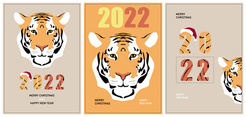 Merry christmas and a happy new year. Set of greeting cards, posters, covers. Tiger symbol of 2022.