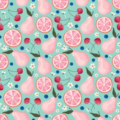 Fruits seamless pattern. Pears, cherry, grapefruit, and blossom. Romantic bright background for textile, fabric, decorative paper. Raster