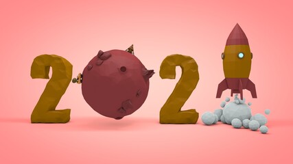 3d rendering of the date 2021. A low-poly composition of the planet Mars and a rocket taking off. The era of colonization of Mars and other planets. The development of cosmonautics.