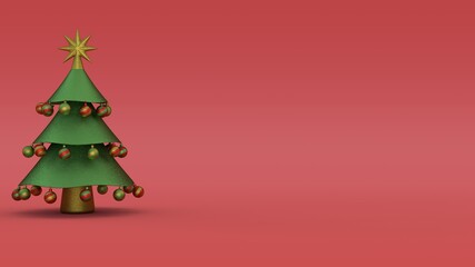 3d rendering of a green Christmas tree with decorations, on a red background. Illustration for Christmas and New Year compositions.