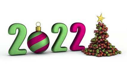 3d rendering of the date 2022 with a Christmas tree made of New Year's toys and a New Year's toy instead of zero. 3d illustration, isolated composition on a white background.