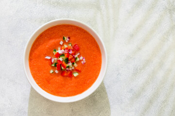 Traditional spanish cold tomato soup of fresh raw vegetables