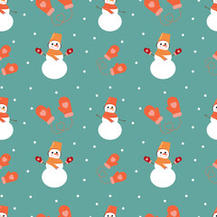 Seamless illustration with cute snowman and mittens. Feast of Christmas. Textile illustrations. Background, wallpaper or wrapping paper.