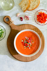Traditional spanish cold tomato soup of fresh raw vegetables