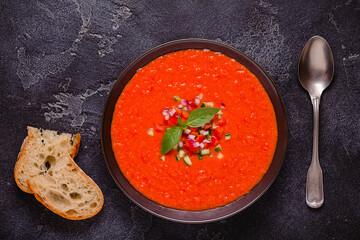 Traditional spanish cold tomato soup of fresh raw vegetables