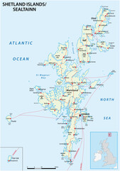 Highly detailed Shetland Islands road map with labeling, United Kingdom 