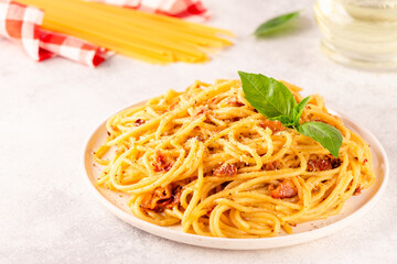 Homemade сarbonara pasta with pancetta, egg, hard parmesan cheese and cream sauce