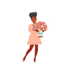 African American woman holding a bouquet of flowers.
Greeting women on a holiday. March 8, Valentine's Day. Vector illustration in a flat style.