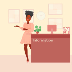 Information desk.
Reception. Woman at the reception, the character is standing and smiling. Interior Design. Vector illustration in flat plane style.